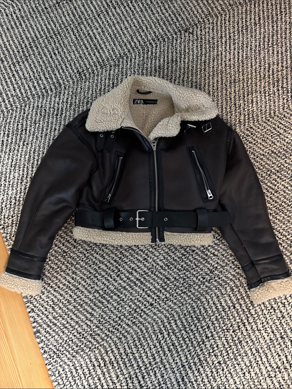 Zara Black Faux-Leather Cropped Shearling Jacket